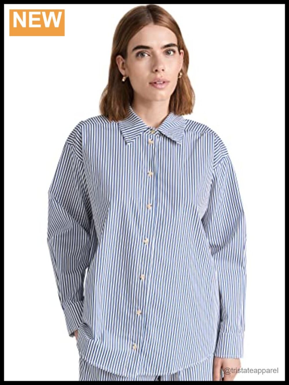 Women's Striped Poplin Button Down Shirt, Cotton, Long Sleeve, Curved Hem,